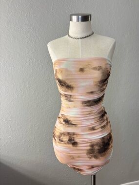 Strapless Pink & Brown Ruched Tie-Dye Bodycon Dress
